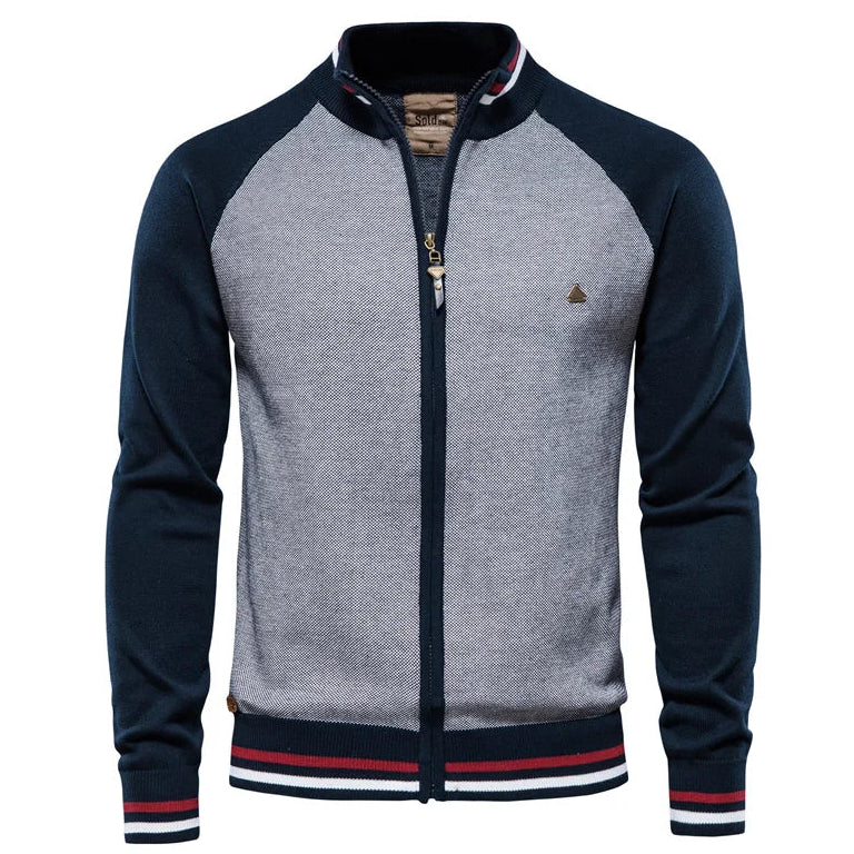 Gray and navy jacket with a brand logo on a white background