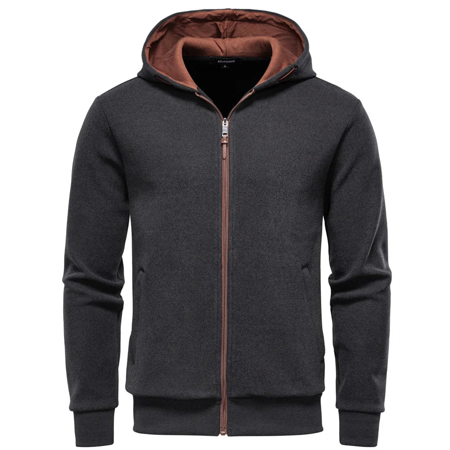 Dark gray hoodie with brown zipper and lining on a white background
