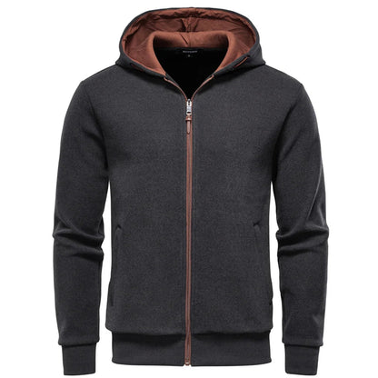 Dark gray hoodie with brown zipper and lining on a white background