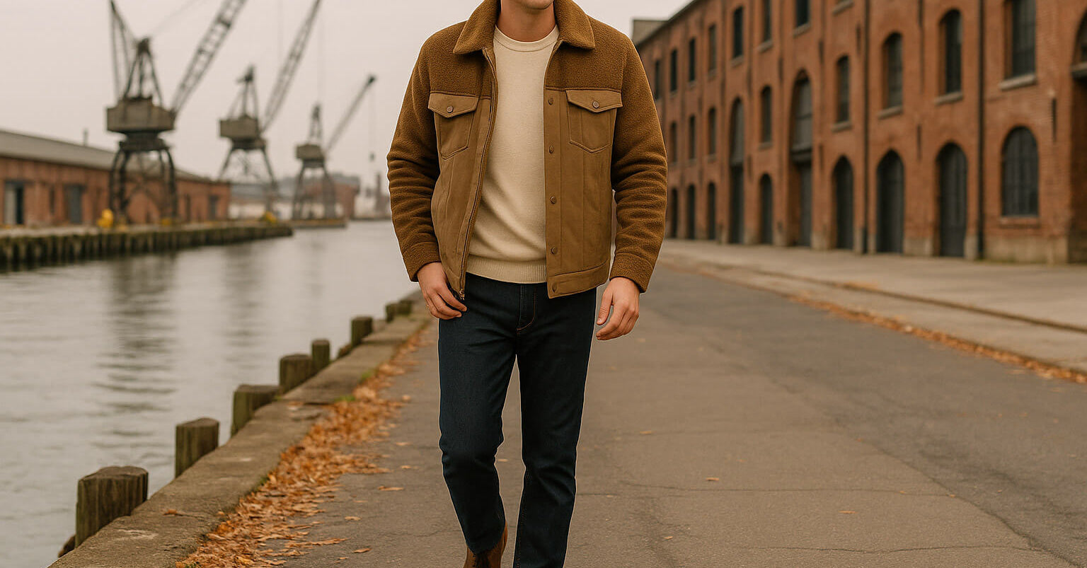 Man walking along a waterfront with industrial cranes and brick buildings in the background