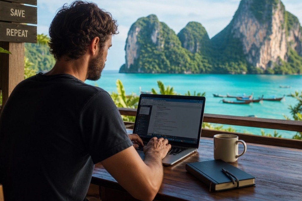 Digital nomad working remotely in Thailand