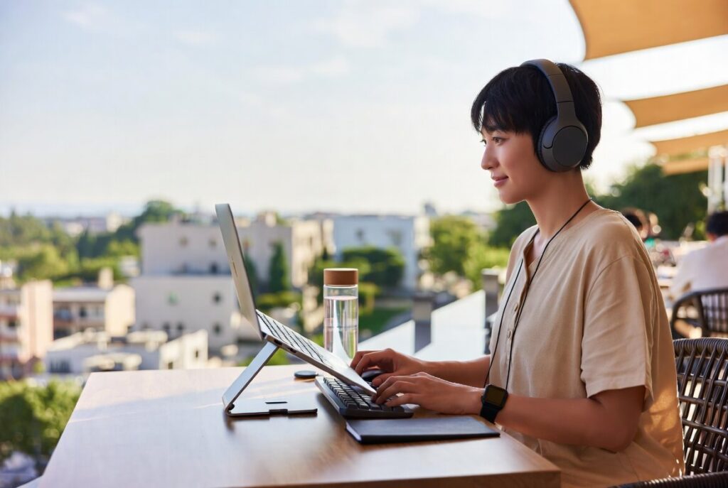 Japanese woman working with laptop outdoors